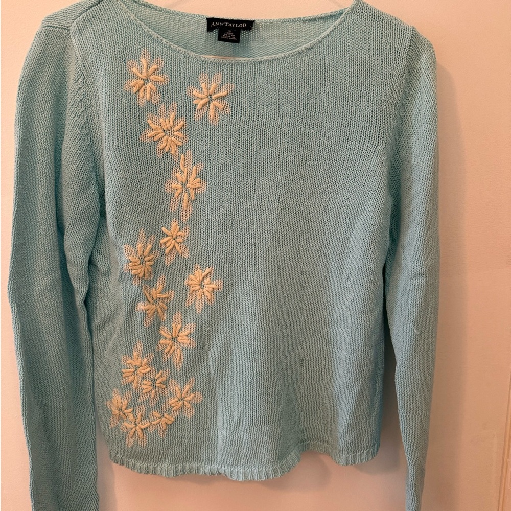 Ann Taylor Blue Sweater with Cream Floral Design, size small